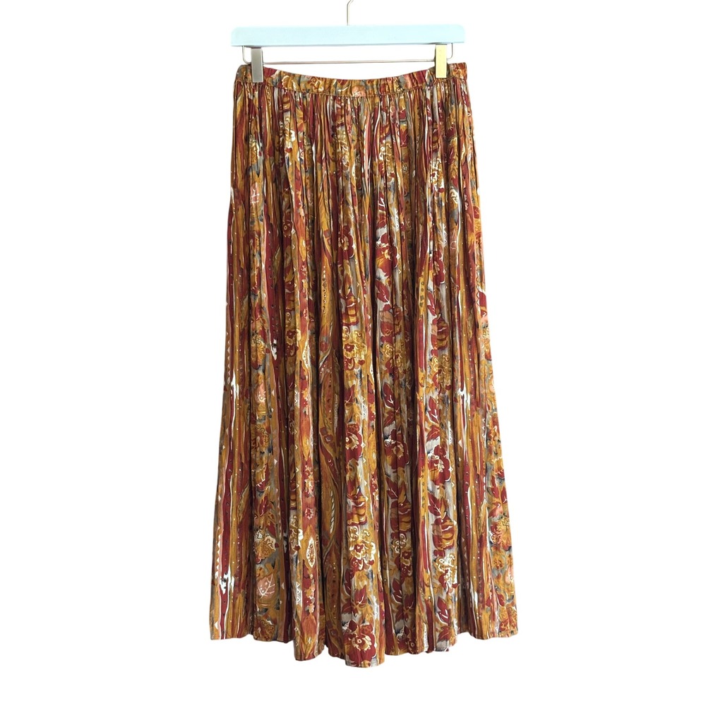 Vintage Options by Worthington Floral Stripe Maxi Skirt Rust Mustard Rayon Med